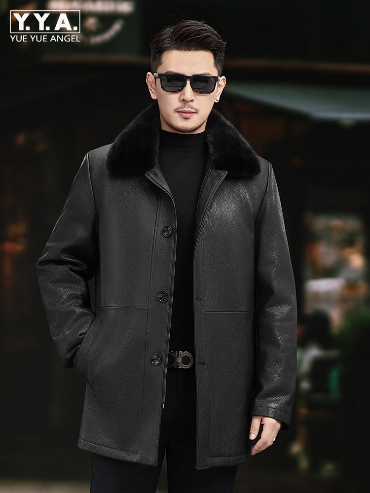 Leather Work Jacket Mens - Hommes de luxe hiver véritable doublure